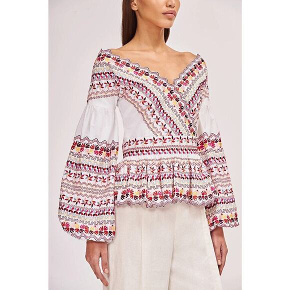 Amur Womens Alma Top Bishop Sleeves Embroidered Size Small Peplum Off Shoulder - Picture 1 of 12
